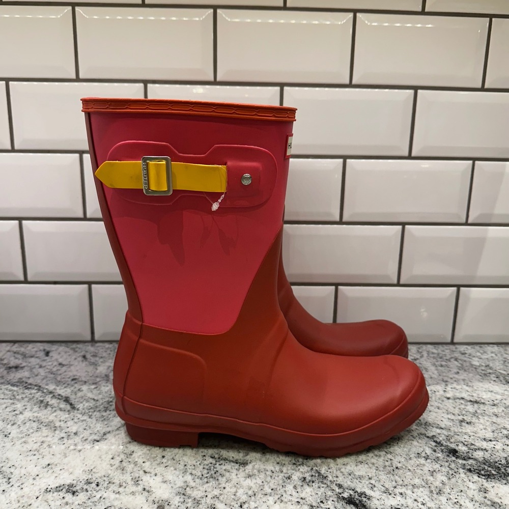 Hunter Women 10 Original Short Rain Boots Red Pink Color Block WFS2026RMA Buckle - Picture 5 of 8